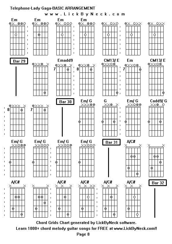 Chord Grids Chart of chord melody fingerstyle guitar song-Telephone-Lady Gaga-BASIC ARRANGEMENT,generated by LickByNeck software.